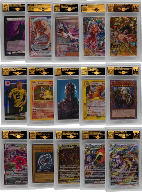 Grid med 15 slabs gradet af AP Grading — Pokémon (inkl. Charizard), One Piece, Yu-Gi-Oh! og sportskort med grades fra 9.0 til 9.5