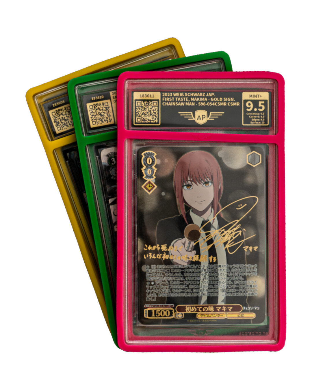 Tre AP-slabs i farvede rammer — inkl. Chainsaw Man, MINT+ 9.5 med guldsignatur
