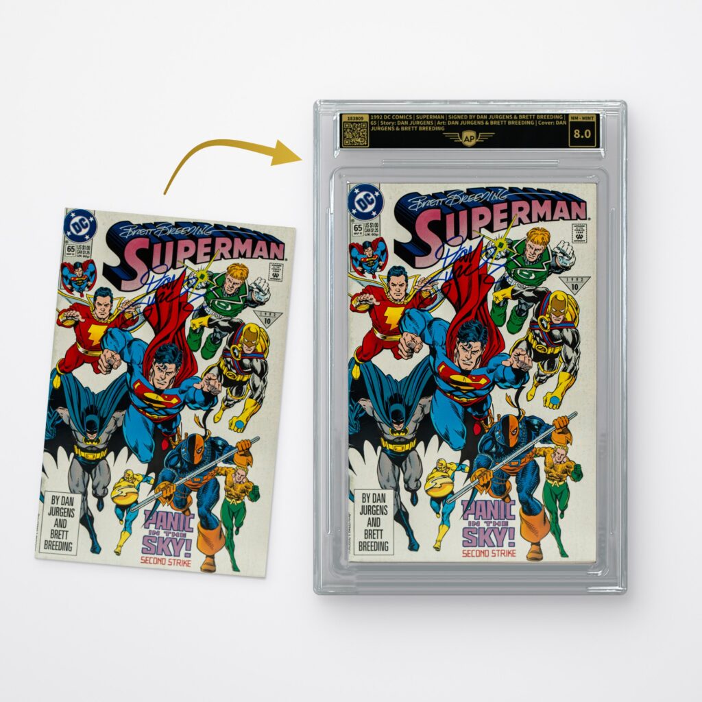 Comic & box topper grading: tegneserie før grading og i AP-slab til tegneserier med etiket og karakter