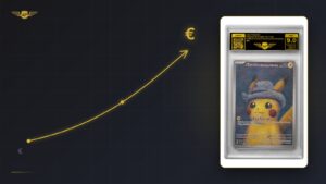 Steigende Wertkurve neben gegradeter Pokémon-Karte im AP-Slab MINT 9