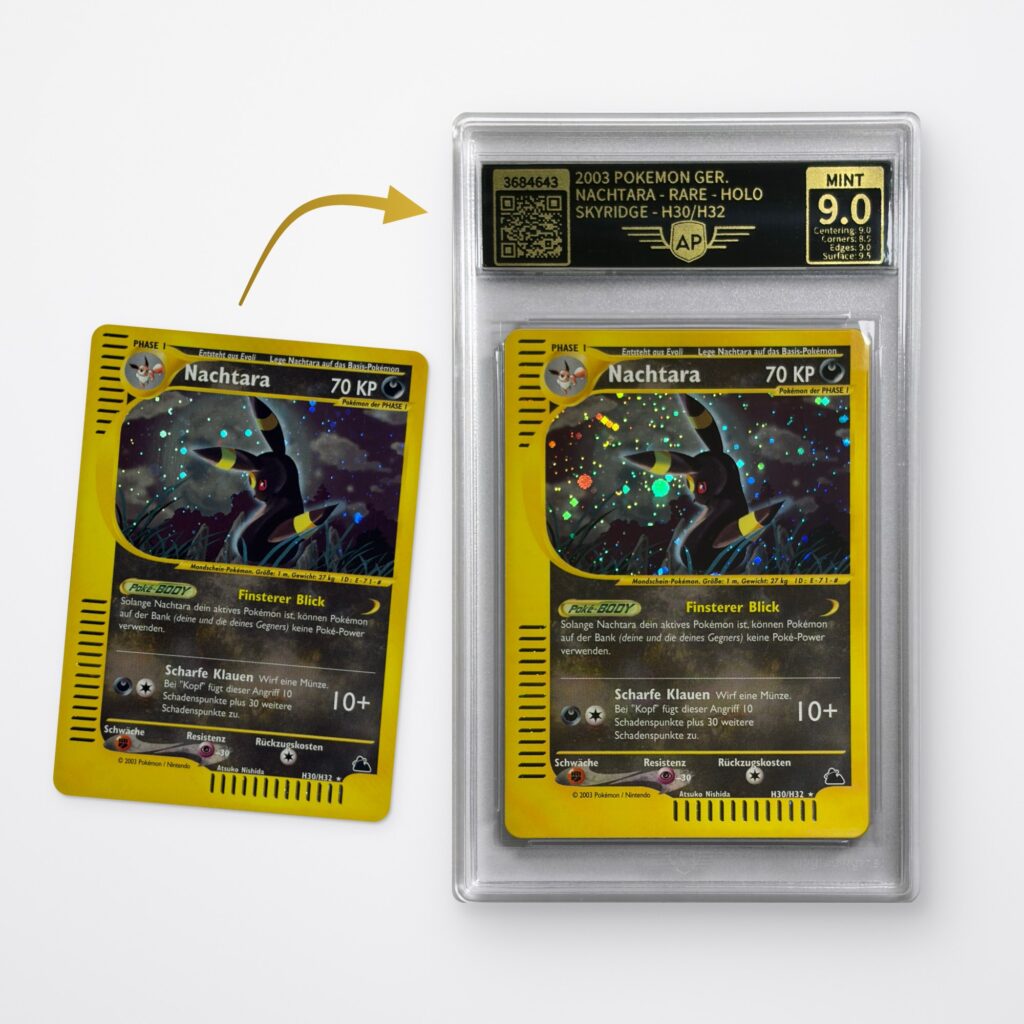 Kort-grading hos AP Grading: Pokémonkort før og efter grading i AP Case med karakteren MINT 9.0